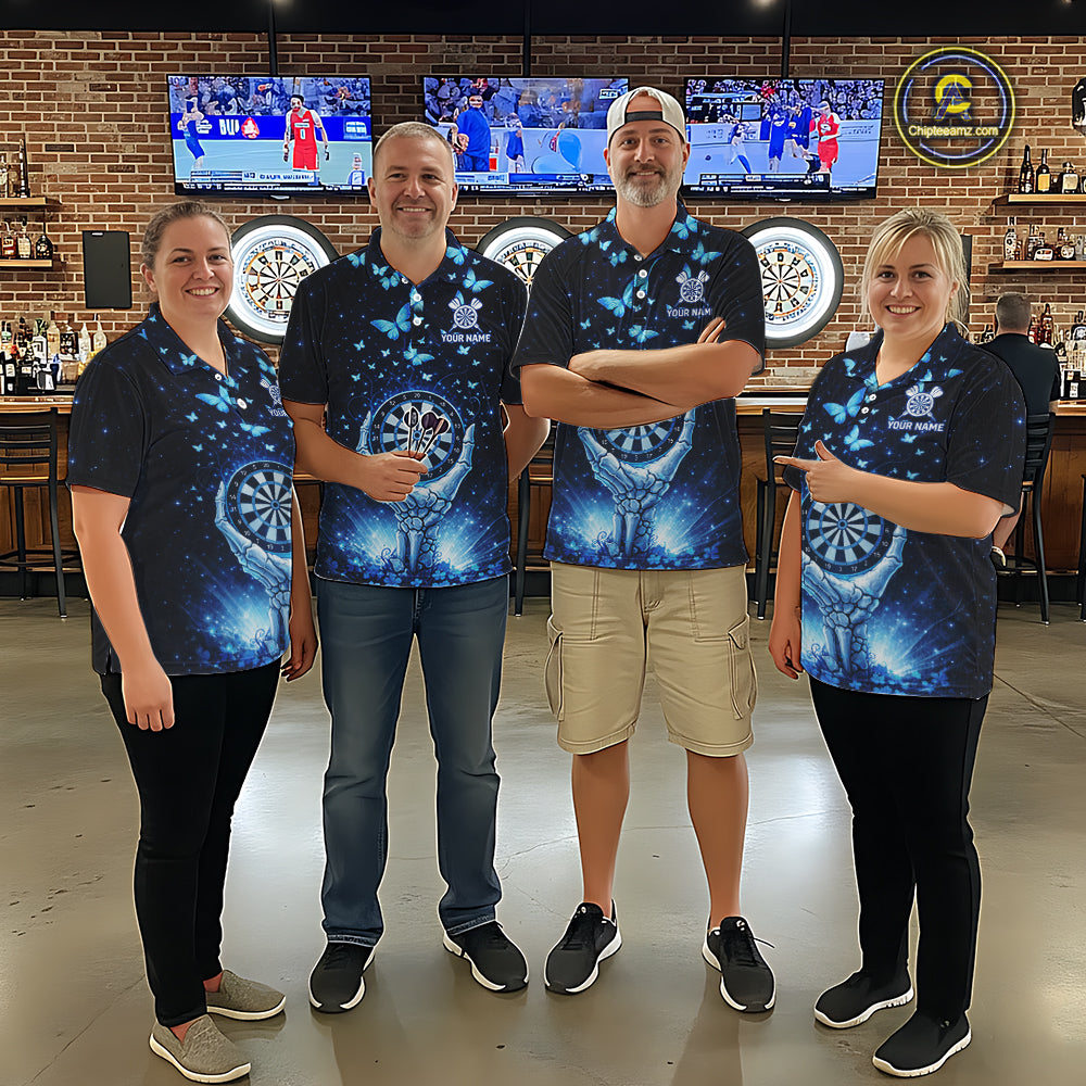 Blue Light Butterflies Skull Dartboard Custom Men Darts Quarter-Zip Shirts Dart League Jerseys NYN2263