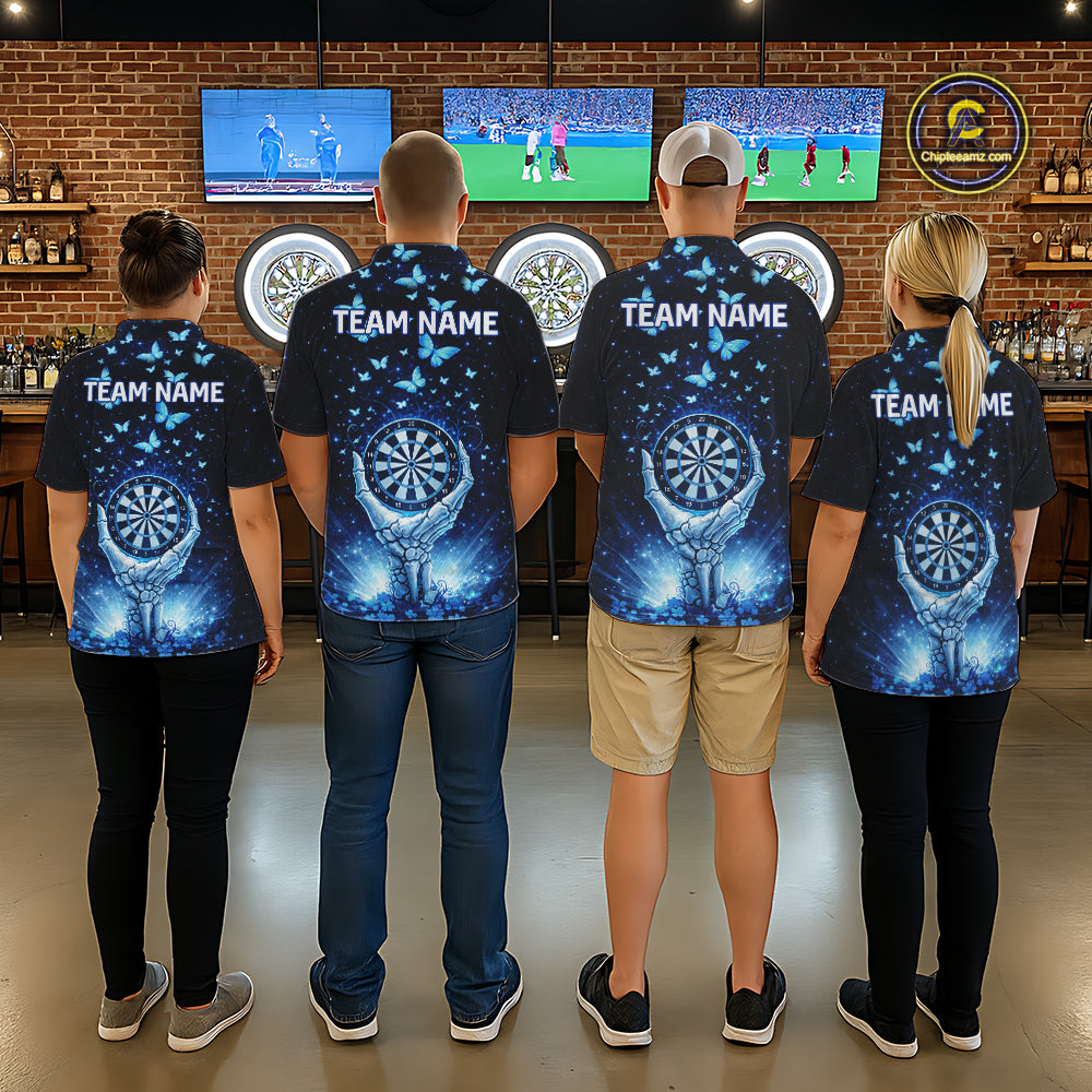 Blue Light Butterflies Skull Dartboard Custom Men Darts Quarter-Zip Shirts Dart League Jerseys NYN2263