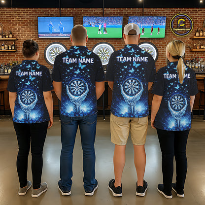 Blue Light Butterflies Skull Dartboard Custom Men Darts Quarter-Zip Shirts Dart League Jerseys NYN2263