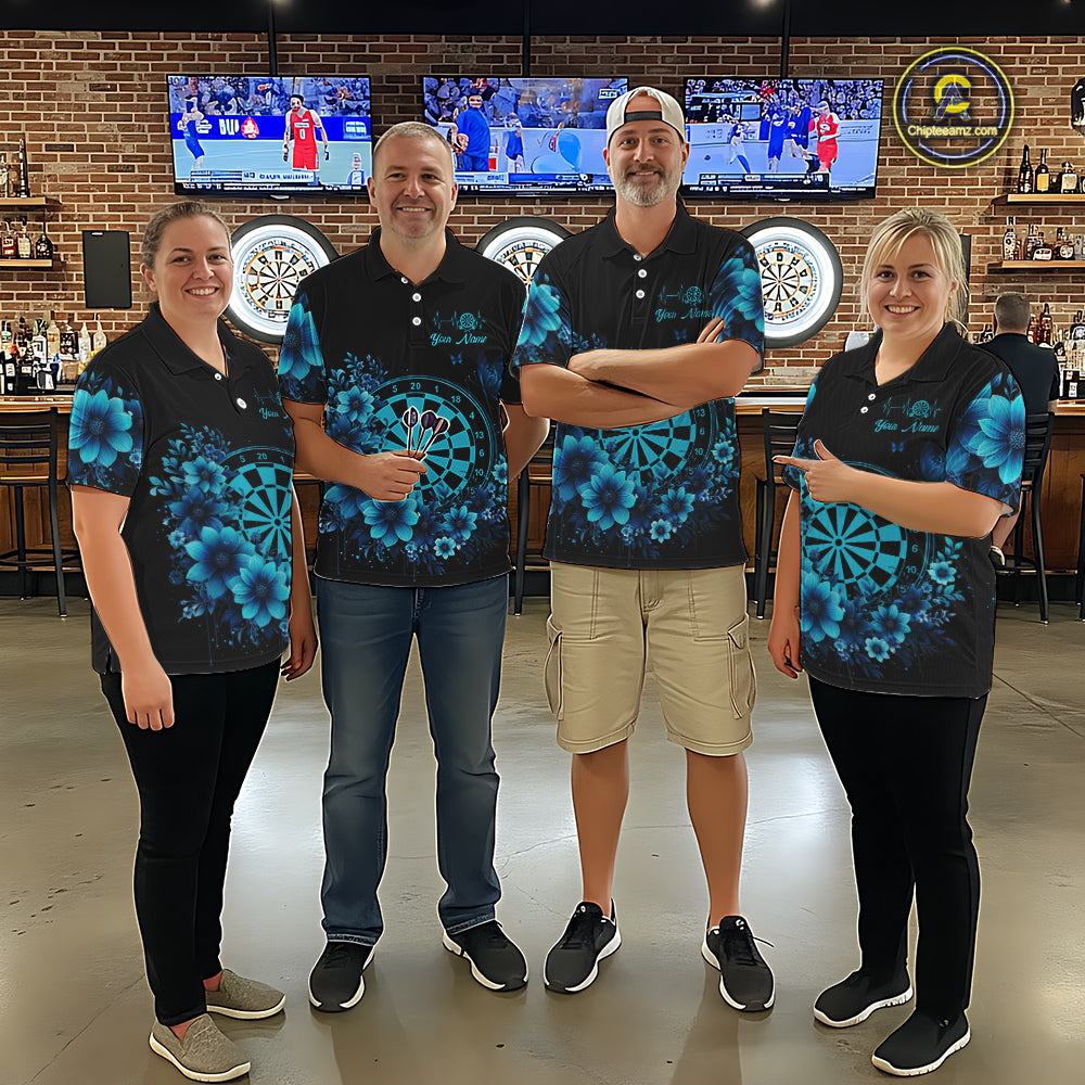 Blue Flowers & Butterfly Dartboard Custom Men Darts Polo Shirts Dart League Jerseys NYN2265