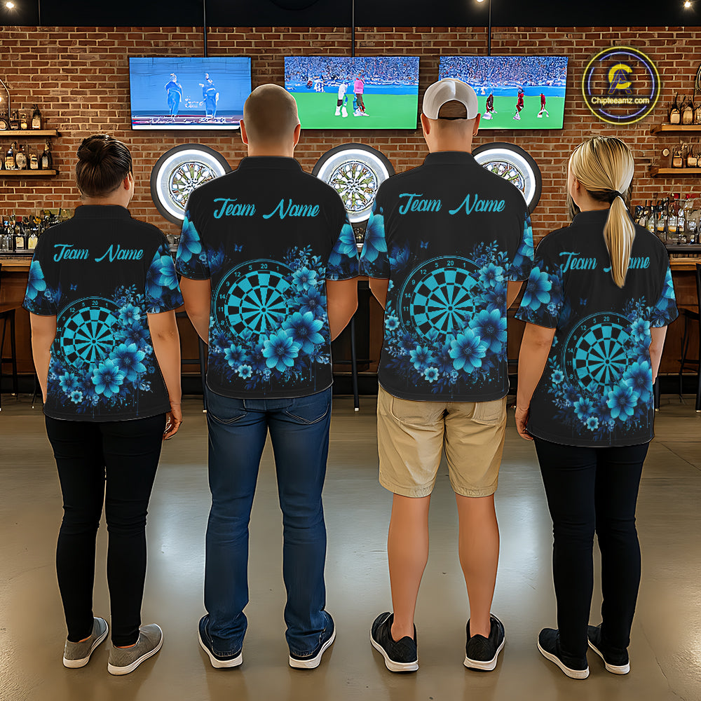 Blue Flowers & Butterfly Dartboard Custom Men Darts Polo Shirts Dart League Jerseys NYN2265