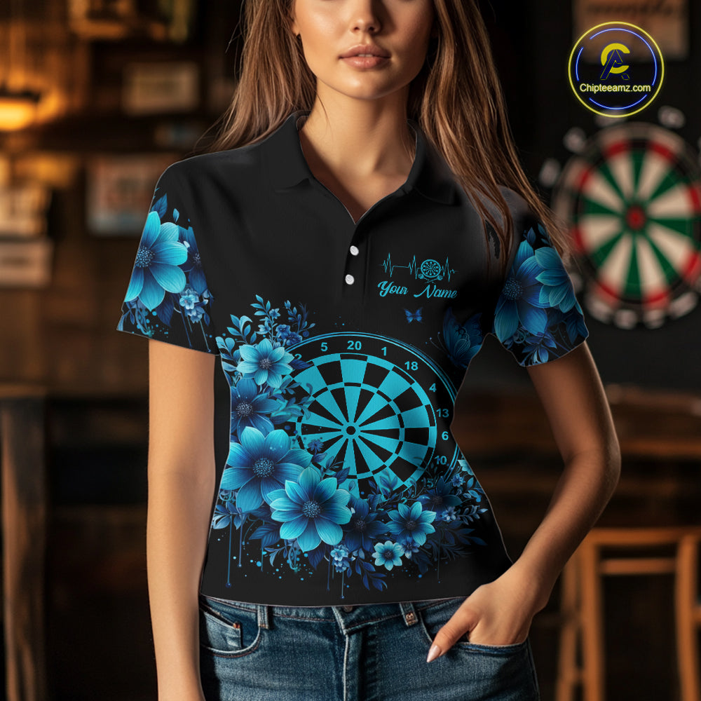 Blue Flowers & Butterfly Dartboard Custom Women Darts Polo Shirts Dart League Jerseys NYN2265