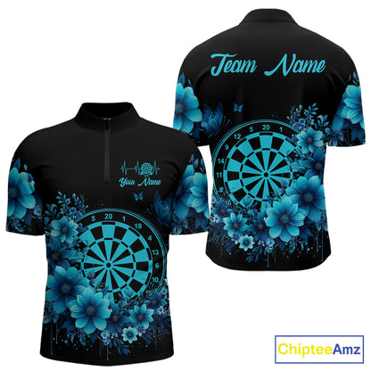 Blue Flowers & Butterfly Dartboard Custom Men Darts Quarter-Zip Shirts Dart League Jerseys NYN2265