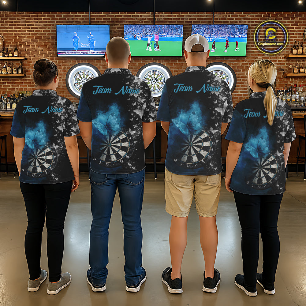 Custom Silver Butterfly Blue Smoking Grunge Dartboard Women Darts Quarter-Zip Shirts Dart Jerseys NYN2266