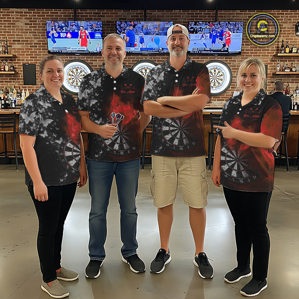Custom Silver Butterfly Red Smoking Grunge Dartboard Men Darts Polo Shirts Dart Jerseys NYN2267