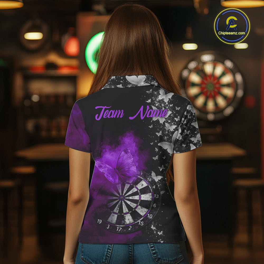 Custom Silver Butterfly Purple Smoking Grunge Dartboard Women Darts Polo Shirts Dart Jerseys NYN2268