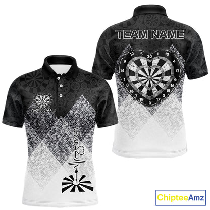 Black White Grunge Heart Dartboard Men Darts Valentine Shirt Custom Dart Polo Couple Gifts NYN2553