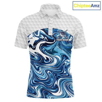 Mens Golf Clothing Blue Fluid Pattern Golf Polo Shirt Custom White Golf Ball Golf Upf Shirts NYN2929