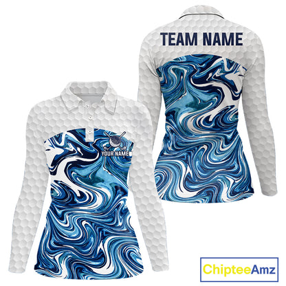 Women Golf Clothing Blue Fluid Pattern Golf Polo Shirt Custom White Golf Ball Golf Upf Shirts NYN2929