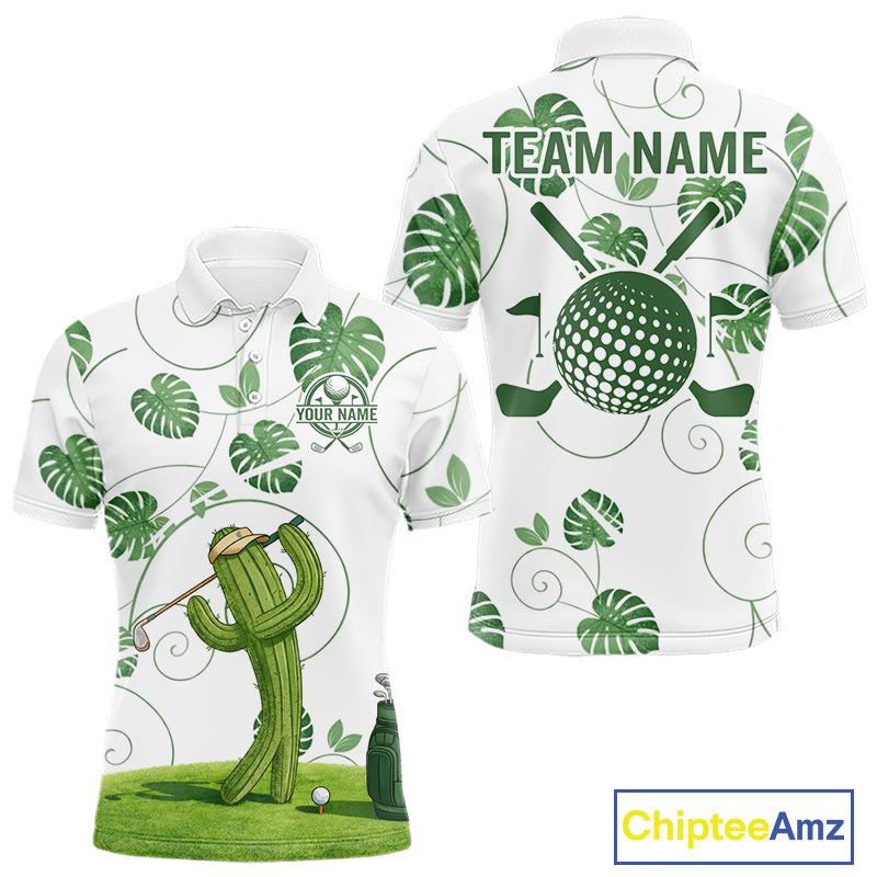 Mens Green Monstera Pattern Golf Clothing Custom Cactus Golfer Funny Mens Golf Polo Shirt NYN2931