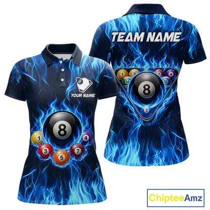 Fire Flame 8 Ball Billiard Shirt For Women Custom Blue Flames Pool Billiard Rack Team Shirt NYN3137