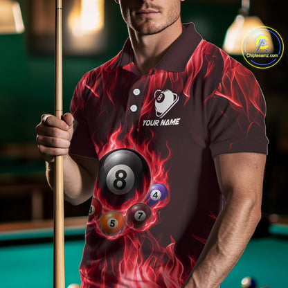 Fire Flame 8 Ball Billiard Shirt For Men Custom Red Flames Pool Billiard Rack Team Shirt NYN3138