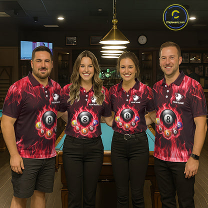 Fire Flame 8 Ball Billiard Shirt For Men Custom Red Flames Pool Billiard Rack Team Shirt NYN3138