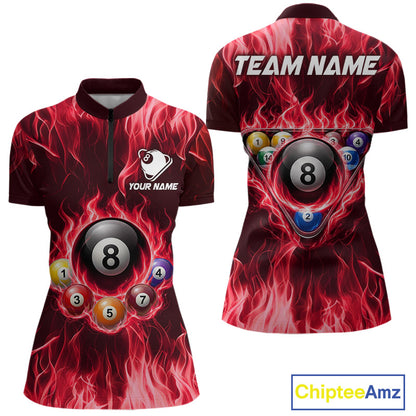 Fire Flame 8 Ball Billiard Shirt For Women Custom Red Flames Pool Billiard Rack Team Shirt NYN3138