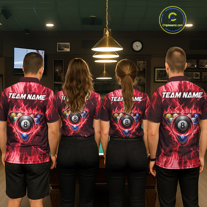 Fire Flame 8 Ball Billiard Shirt For Men Custom Red Flames Pool Billiard Rack Team Shirt NYN3138