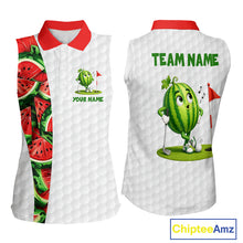 Load image into Gallery viewer, White sleeveless shirt with watermelon-themed graphics and 'Team Name' text, featuring a cartoon watermelon character and golfing accessories.