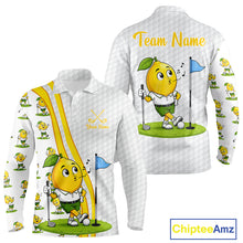 Load image into Gallery viewer, White long-sleeve shirt with cartoon lemon character and 'Team Name' text on a white background