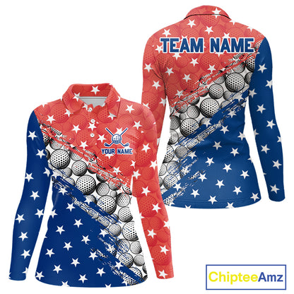Long-sleeve shirt with golf ball pattern and American flag design, featuring 'Team Name' and 'Your Name' text on a white background.