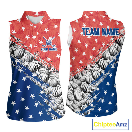 Sleeveless shirt with golf ball pattern and American flag design, personalized with 'Your Name' and 'Team Name