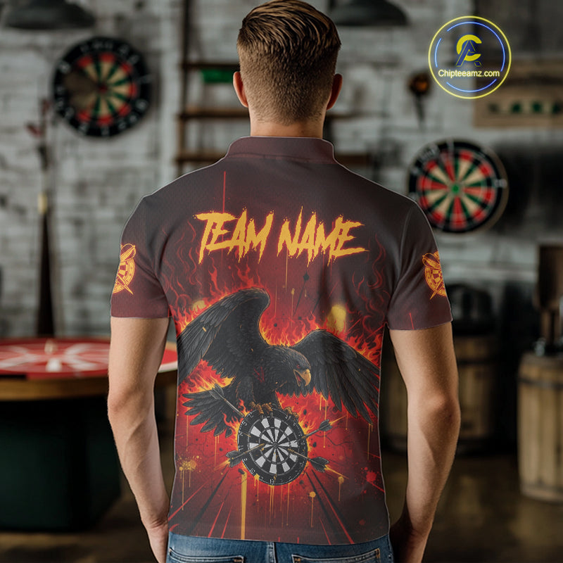 Red Flaming Eagle Dartboard Men Darts Polo Shirt Custom Name & Team Dart League Shirt NYN2060