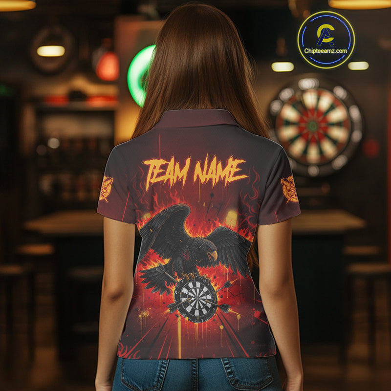 Red Flaming Eagle Dartboard Women Darts Polo Shirt Custom Name & Team Dart League Shirt NYN2060