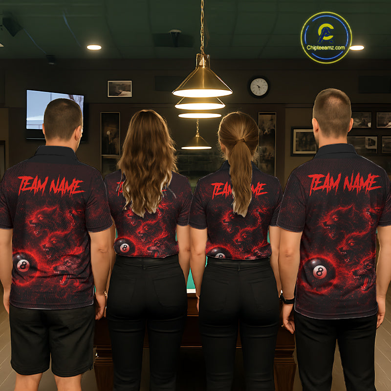 Horror Wolfs Red Flames Smoke Pool 8 Ball Women's Billiard Shirt Custom Ball Billiard Team Attire NYN2562