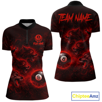 Horror Wolfs Red Flames Smoke Pool 8 Ball Women's Billiard Shirt Custom Ball Billiard Team Attire NYN2562