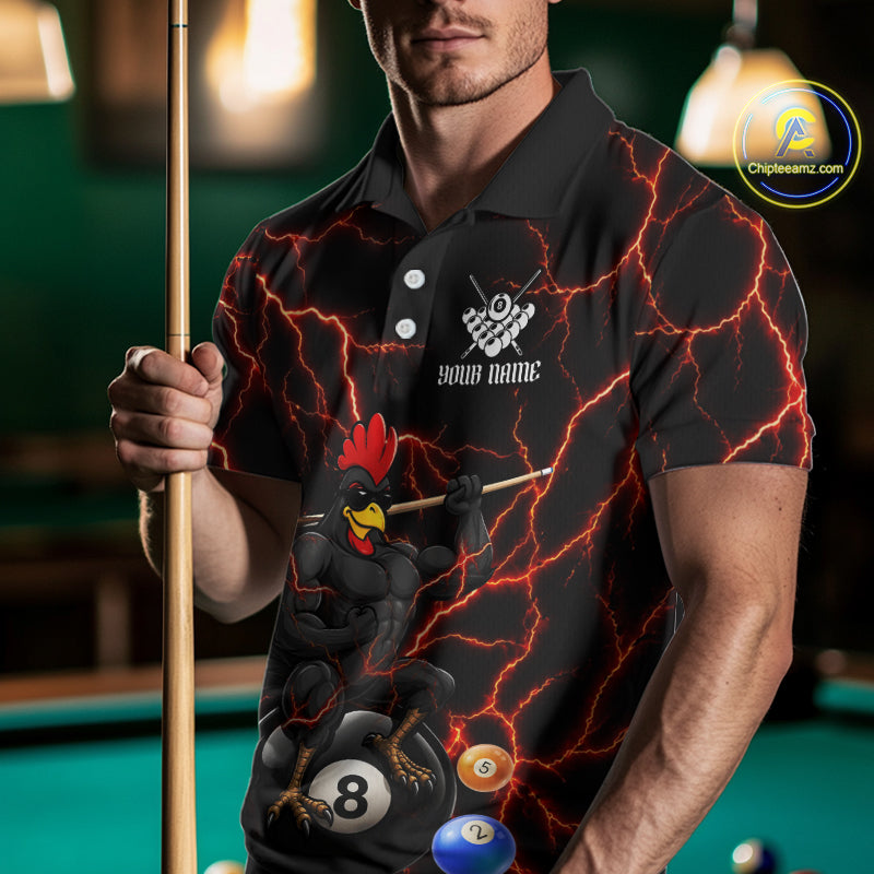 Funny Rooster 8 Ball Billiard Shirt For Men Custom Thunder Red Billiard Pool Shirt, Billiard Attire NYN3145