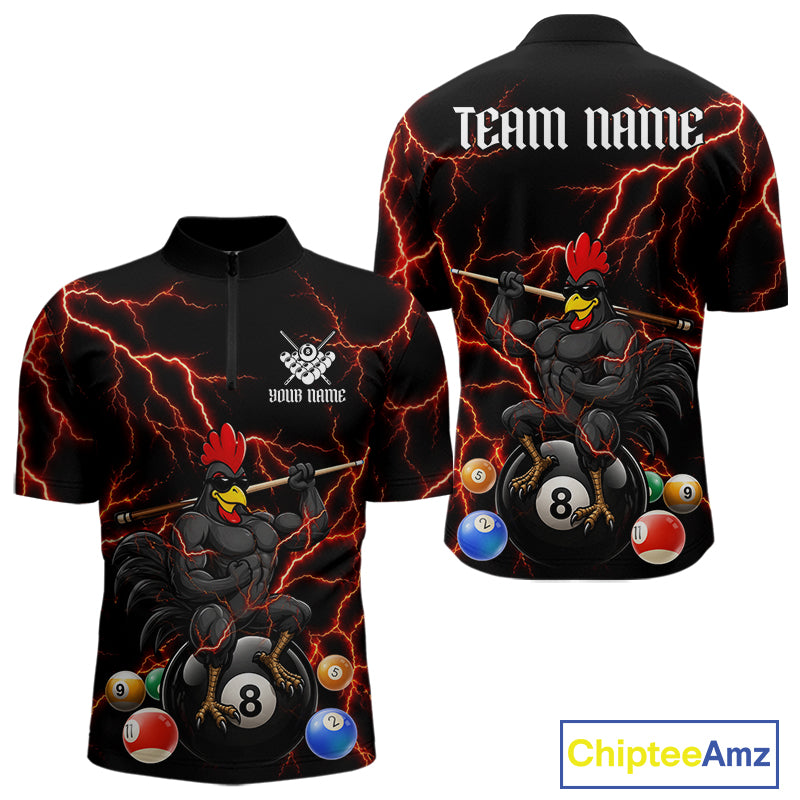 Funny Rooster 8 Ball Billiard Shirt For Men Custom Thunder Red Billiard Pool Shirt, Billiard Attire NYN3145