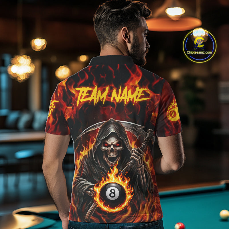 Grim Reaper 8 Ball Billiard Shirt For Men Custom Red Flames 8 Ball Pool Billiard Team Attire NYN3146