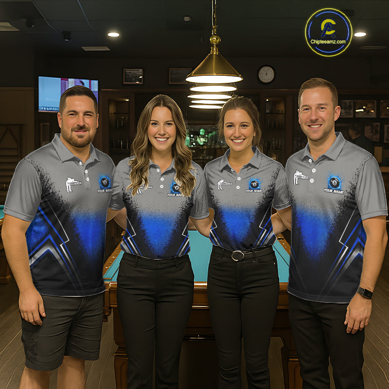 Personalized Grey And Blue Splatter 8 Ball Pool Billiard Shirt For Men Custom Billiard Team Jersey NYN3147