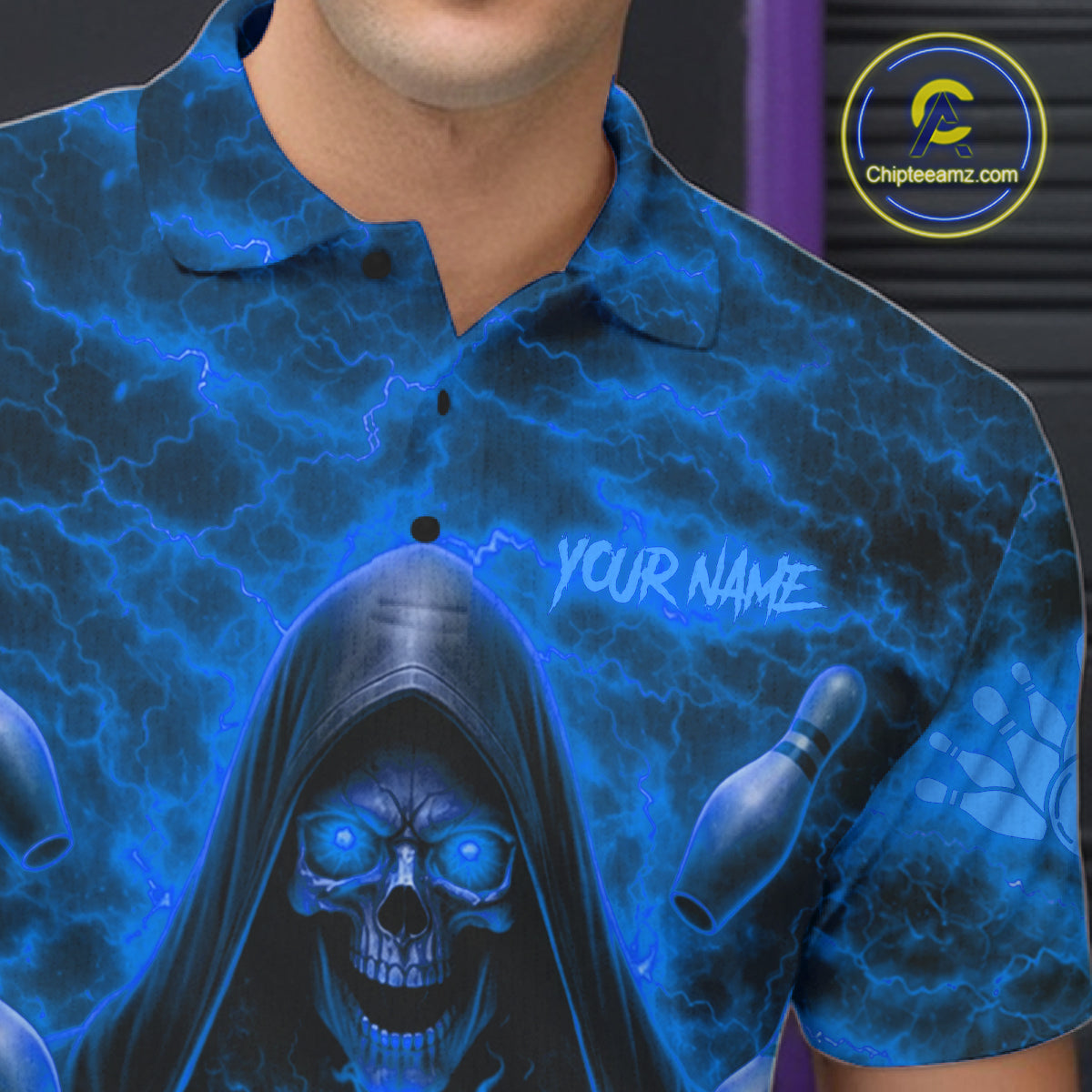 Male bowler wearing Blue Lightning Thunder Skull Reaper bowling jersey personalized custom team uniform league tournament apparel