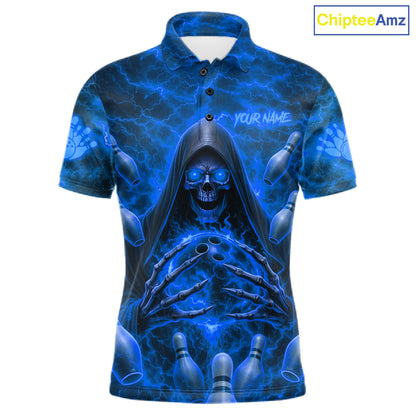 Lightning Thunder Skull Reaper Bowling Polo Shirt For Men Custom Team Bowling League Jersey Personalized Bowler Uniform Blue Skull Bowling Apparel