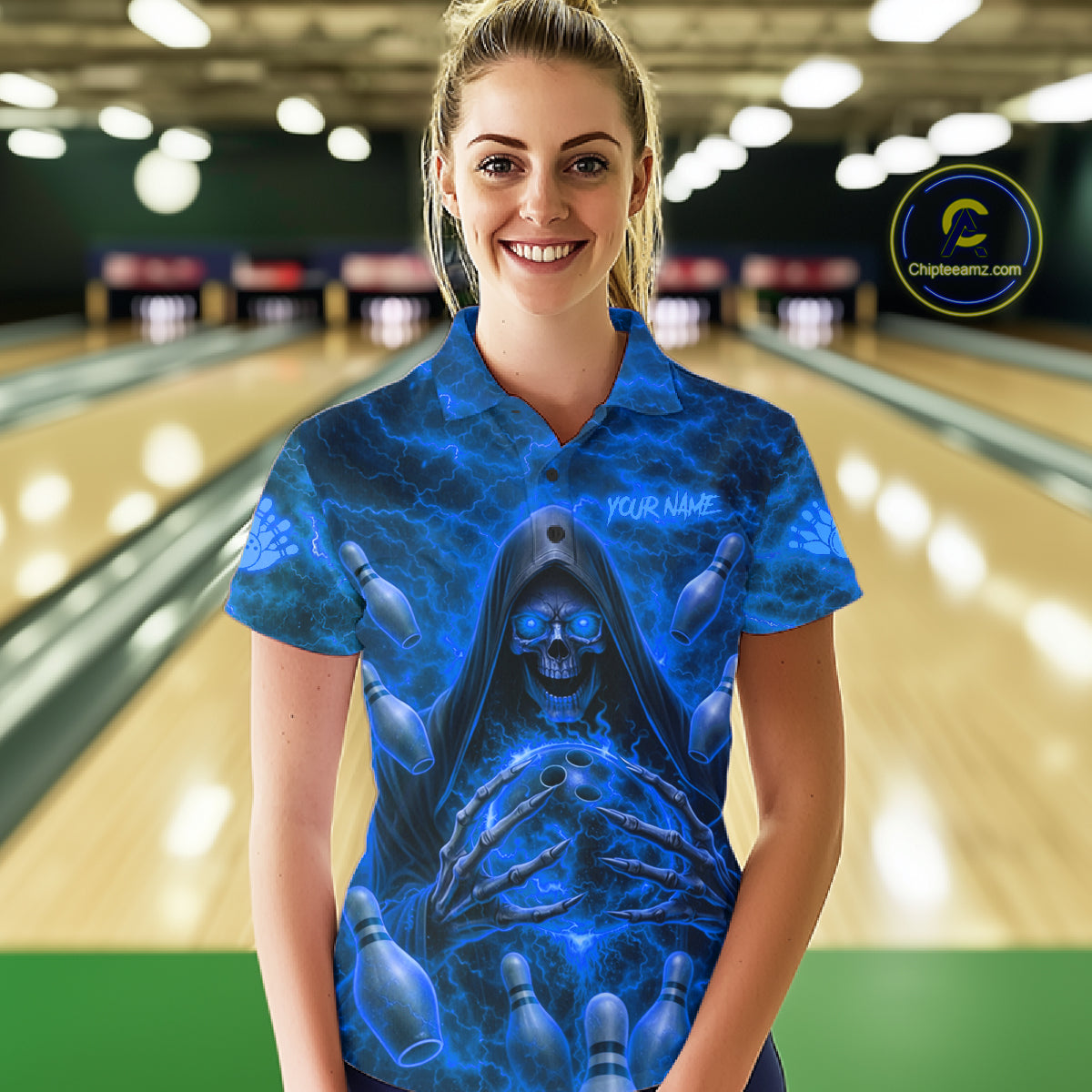 Female bowler wearing Blue Lightning Thunder Skull Reaper bowling jersey personalized custom bowling team uniform league tournament apparel