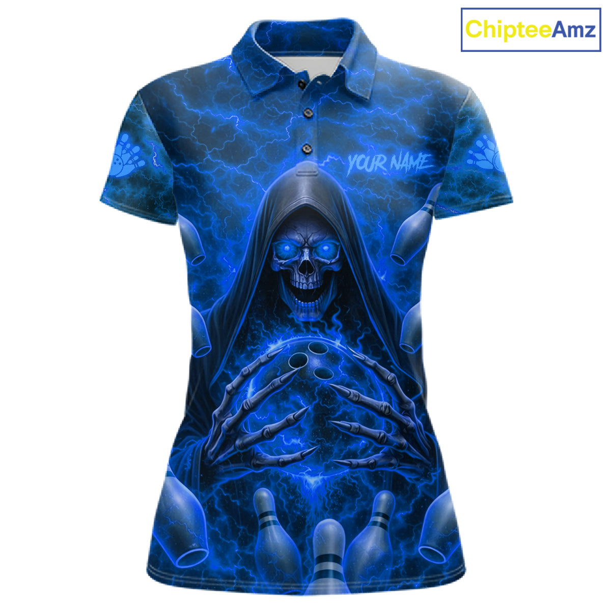 Lightning Thunder Skull Reaper Bowling Polo Shirt For Women Custom Team Bowling League Jersey Personalized Bowler Uniform Blue Skull Bowling Apparel