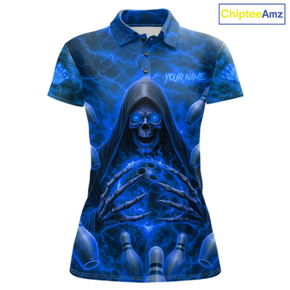 Lightning Thunder Skull Reaper Bowling Polo Shirt For Women Custom Team Bowling League Jersey Personalized Bowler Uniform Blue Skull Bowling Apparel