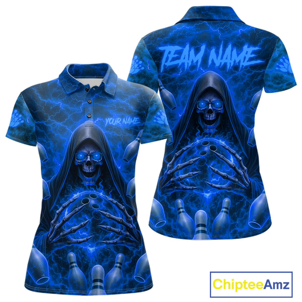 Lightning Thunder Skull Reaper Bowling Polo Shirt For Women Custom Team Bowling League Jersey Personalized Bowler Uniform Blue Skull Bowling Apparel