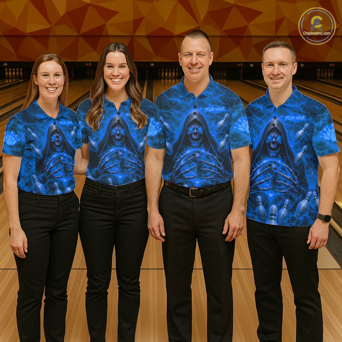Men women bowling team wearing Blue Lightning Thunder Skull Reaper custom bowling jerseys matching bowling league uniforms tournament apparel