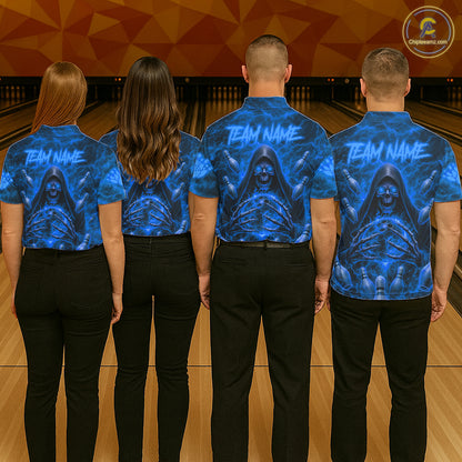 Men women bowling team wearing Blue Lightning Thunder Skull Reaper custom bowling jerseys matching bowling league uniforms tournament apparel