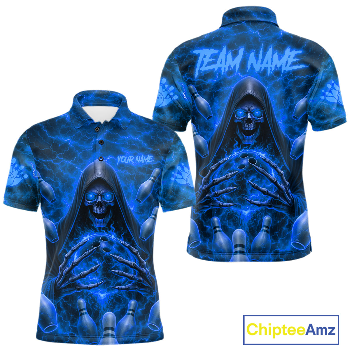 Lightning Thunder Skull Reaper Bowling Polo Shirt For Men Custom Team Bowling League Jersey Personalized Bowler Uniform Blue Skull Bowling Apparel