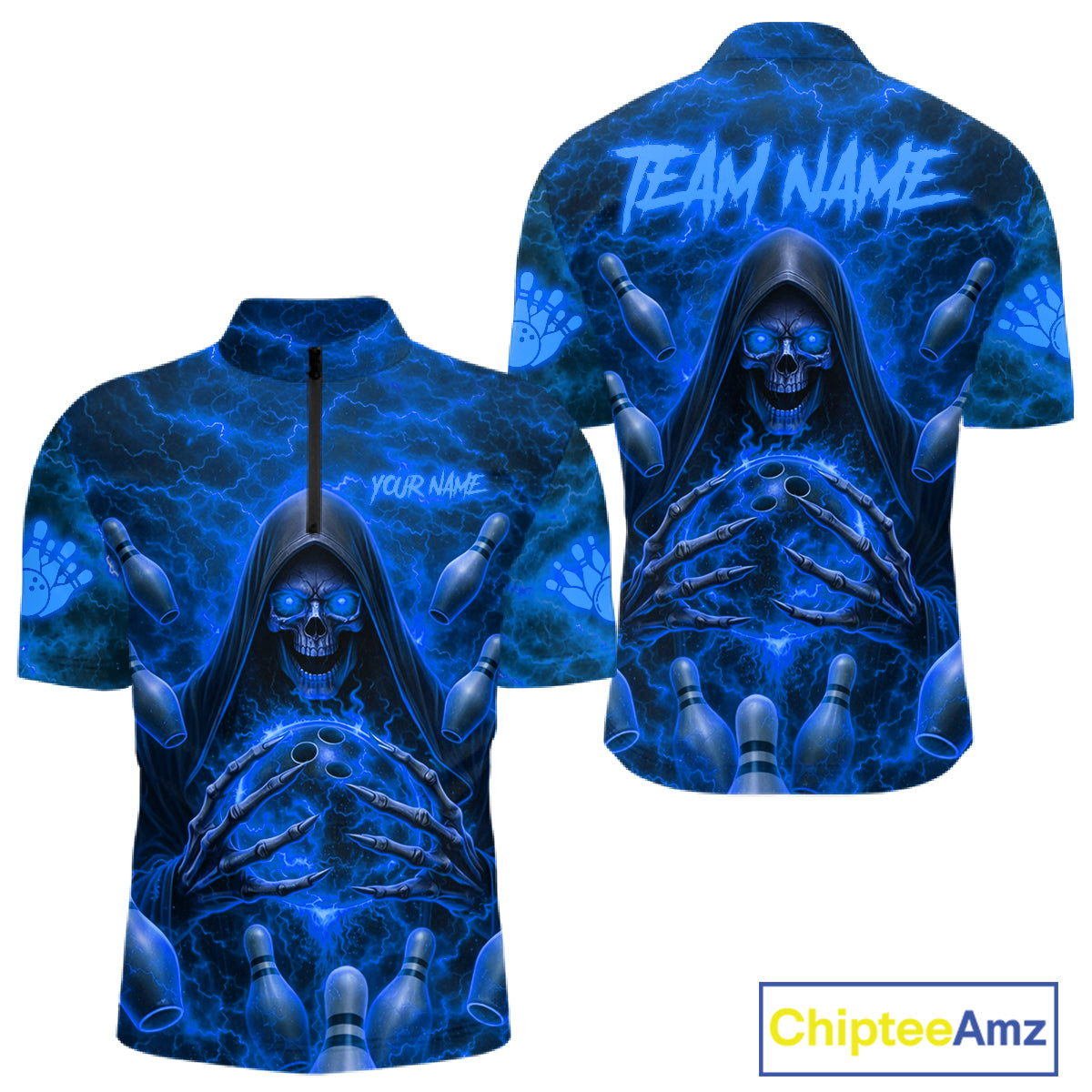 Lightning Thunder Skull Reaper Bowling Quarter-Zip Shirt For Men Custom Bowling Team Jersey Personalized League Bowler Apparel Blue Skull Design