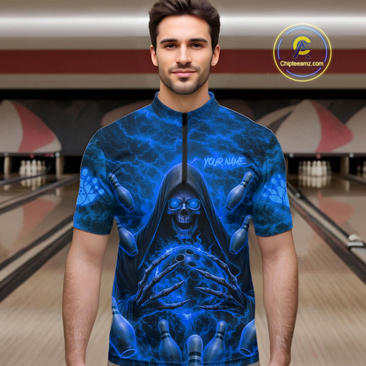 Male bowler wearing Blue Lightning Thunder Skull Reaper bowling jersey personalized custom team uniform league tournament apparel