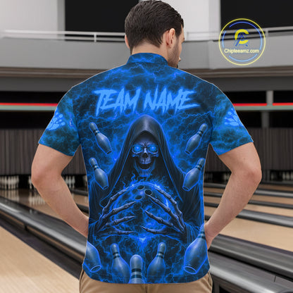 Male bowler wearing Blue Lightning Thunder Skull Reaper bowling jersey personalized custom team uniform league tournament apparel