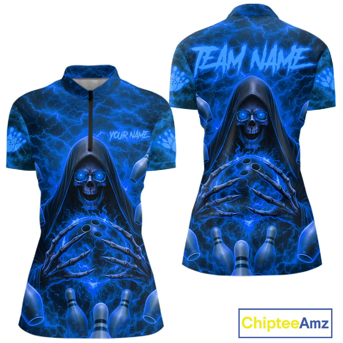 Lightning Thunder Skull Reaper Bowling Quarter-Zip Shirt For Women Custom Bowling Team Jersey Personalized League Bowler Apparel Blue Skull Design