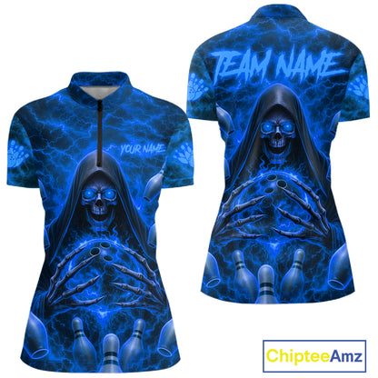 Lightning Thunder Skull Reaper Bowling Quarter-Zip Shirt For Women Custom Bowling Team Jersey Personalized League Bowler Apparel Blue Skull Design