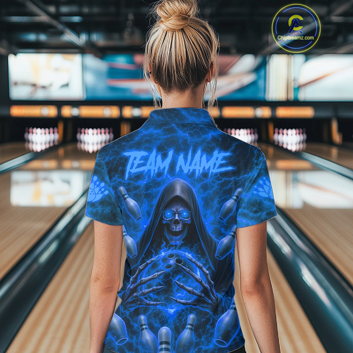 Female bowler wearing Blue Lightning Thunder Skull Reaper bowling jersey personalized custom bowling team uniform league tournament apparel