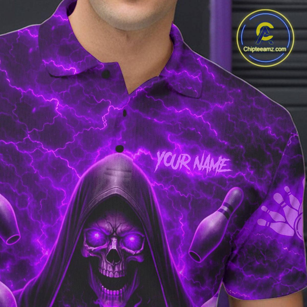 Male bowler wearing Purple Lightning Thunder Skull Reaper bowling jersey custom bowling league apparel