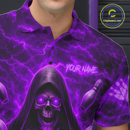 Male bowler wearing Purple Lightning Thunder Skull Reaper bowling jersey custom bowling league apparel
