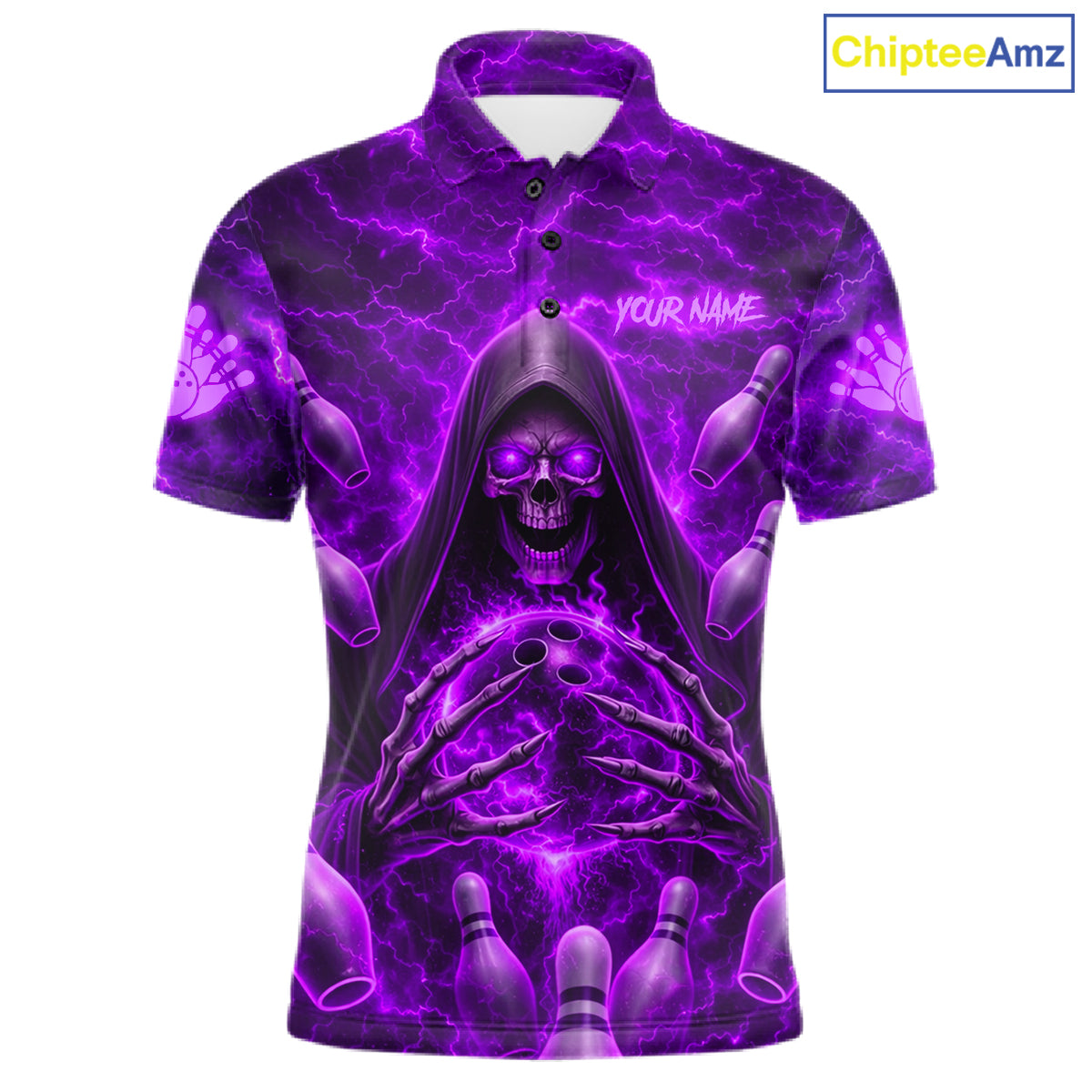 Lightning Thunder Skull Reaper Bowling Polo Shirt For Men Custom Team Bowling League Jersey Personalized Purple Skull Bowling Apparel