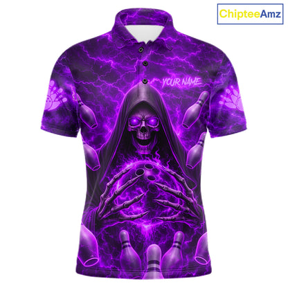 Lightning Thunder Skull Reaper Bowling Polo Shirt For Men Custom Team Bowling League Jersey Personalized Purple Skull Bowling Apparel